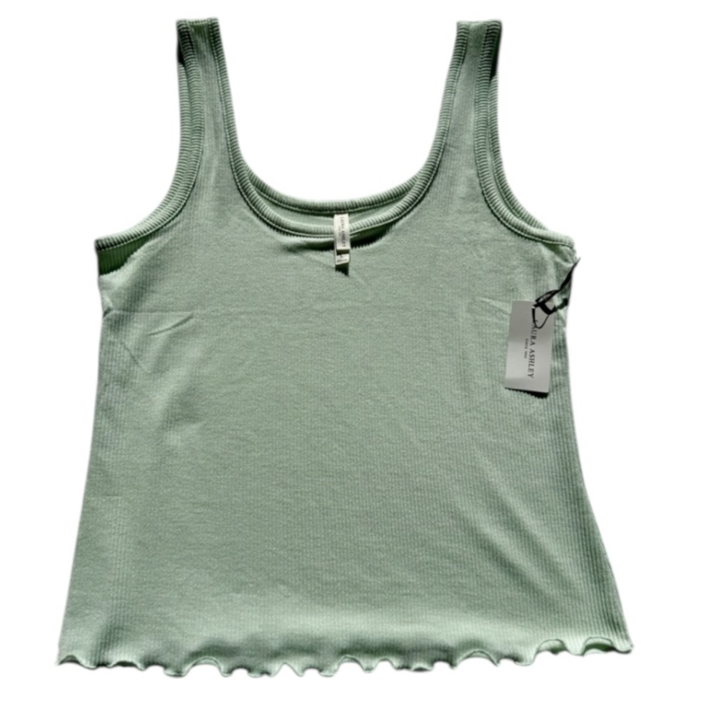 LAURA ASHLEY Sz L Pastel Green Ribbed Scalloped Hem Luxury Soft Tank Top | NWT